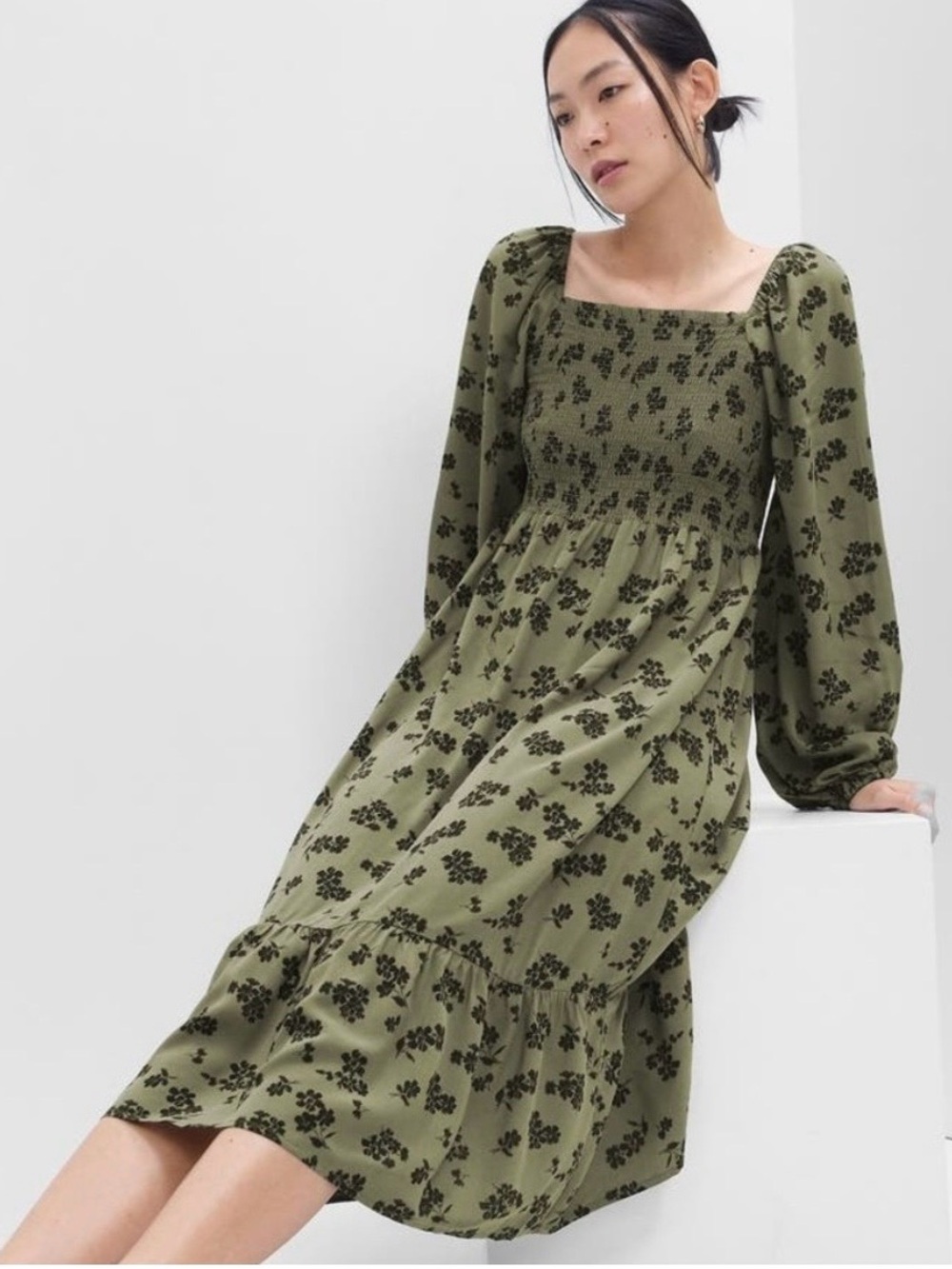 Gap Smocked Olive Long Sleeve Floral Fall Autumn Dress, Size S